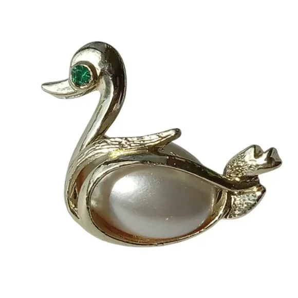Rare Vintage Jelly Belly Swan Brooch Pin Green Gem Eye - Picture 9 of 12